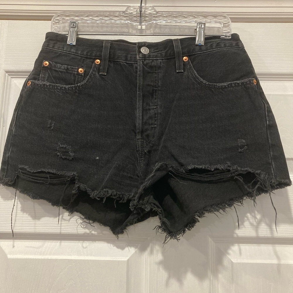 Levi's 501 Black Distressed Button Down Cutoff Denim Shorts